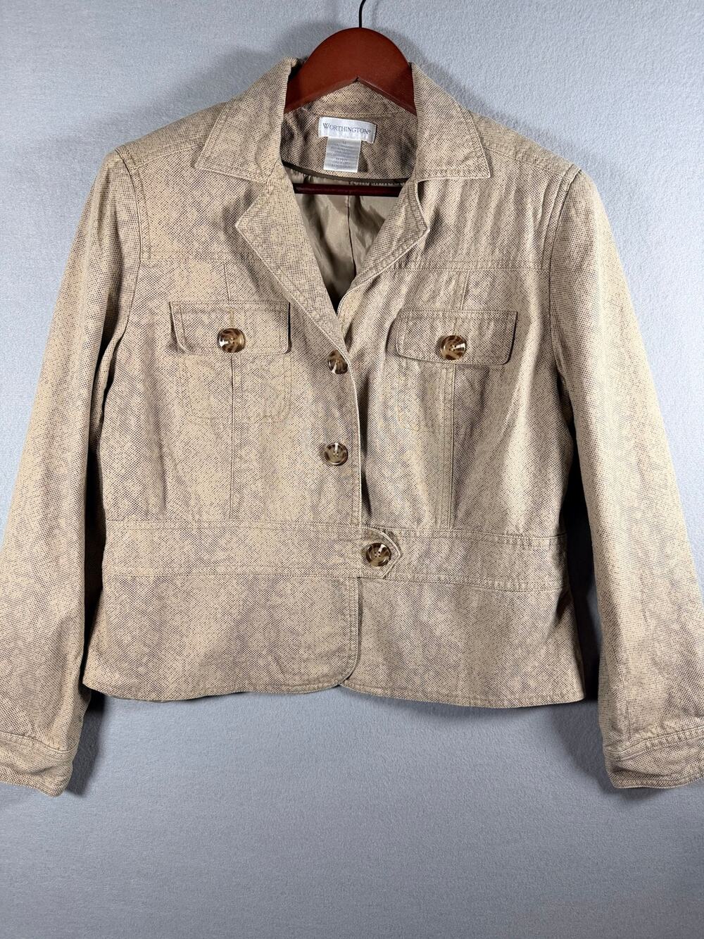Worthington Womens Size 14 Tan Linen Blend Safari Utility Jacket Cropped Lined